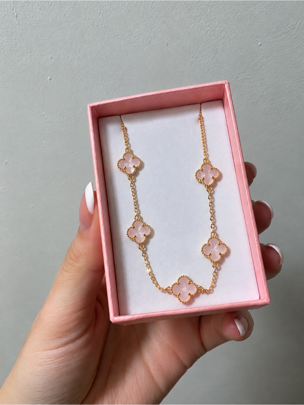 Gold-Plated Pink Clover Station Necklace waterproof , stainless